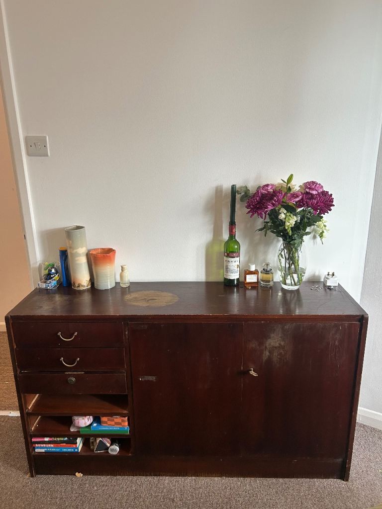 Vintage Wooden Sideboard with Drawers and Cupboard