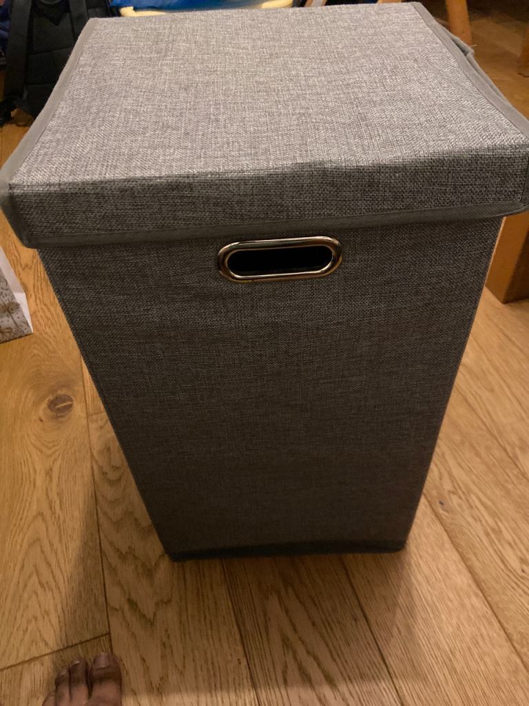 Grey Fabric Laundry Basket with Lid – Good Condition