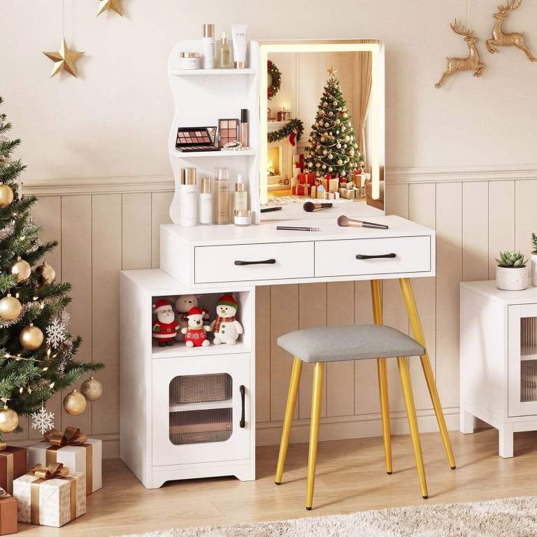 Makeup Dressing Table with Reversible Cabinet and 3 Light Colors-White