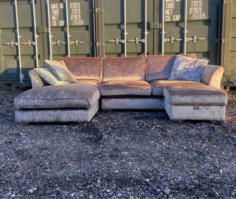 🌟 Free Delivery- Grey Velvet Corner Sofa with Ottoman Storage Footstool
