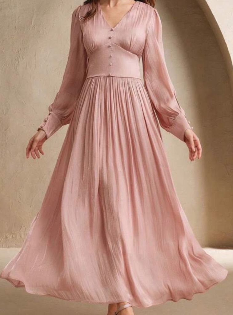 Blush pink long sleeve maxi dress modest wedding guest occasion