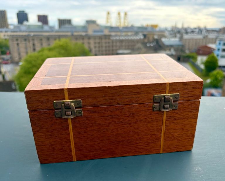 Handmade Vintage Jewellery Box – Mixed Hardwoods, Inlaid Detail, Red‑Lined Interior