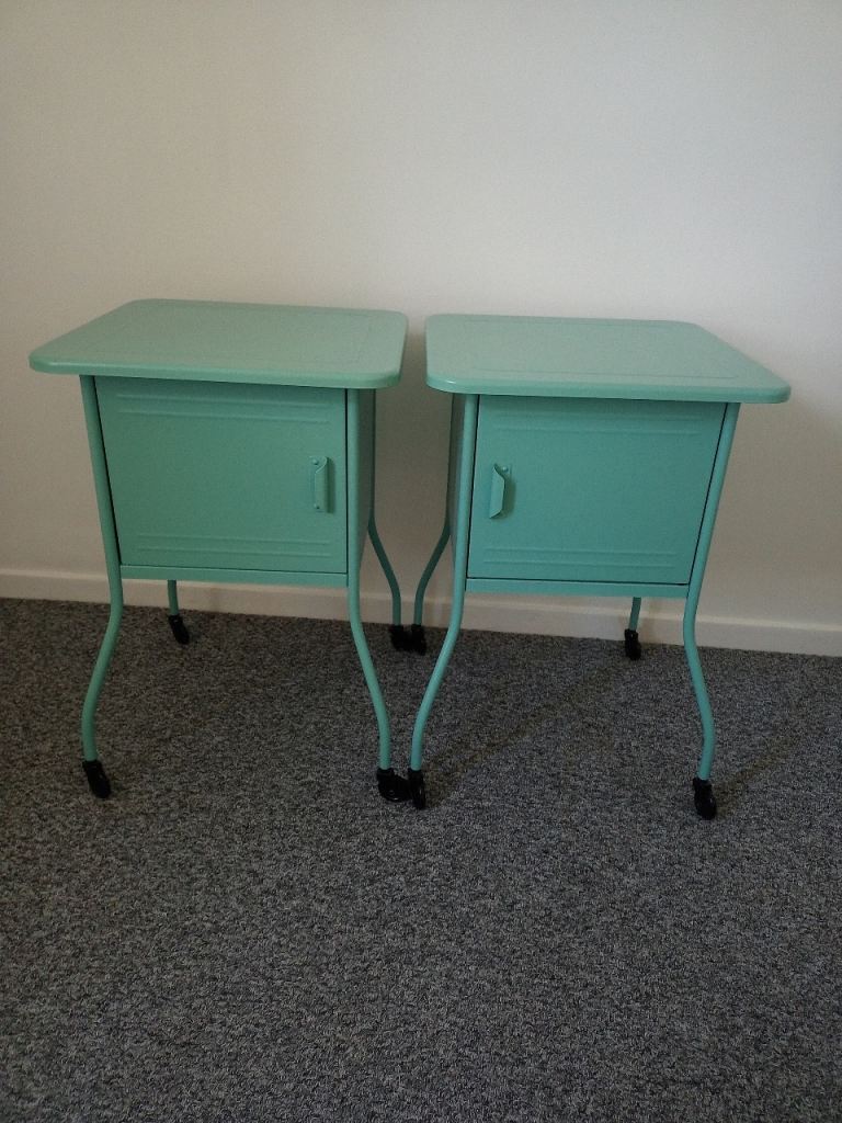 IKEA green metal bedside tables