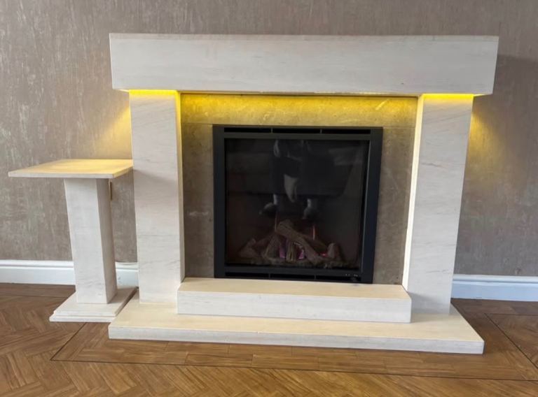 Portuguese limestone Cream Fireplace with gas Fire and Side Table