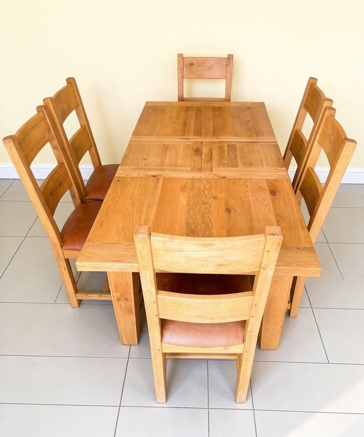 Top quality chunky oak sets extendable dining table and matching 6 oak chairs 