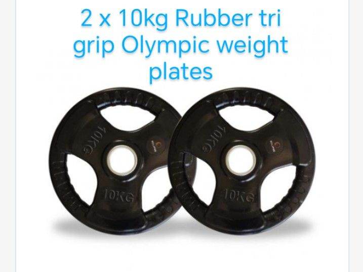 2 x 10kg Rubber tri grip Olympic weight plates brand-new in boxes lots available
