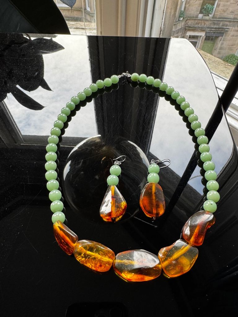 Authentic Handmade Jade & Amber Necklace & Earring Set