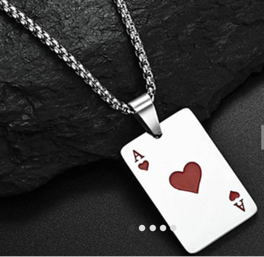Ace of Hearts or Ace of Spades Poker Pendant Stainless Steel Necklace Black or Red Father's Day