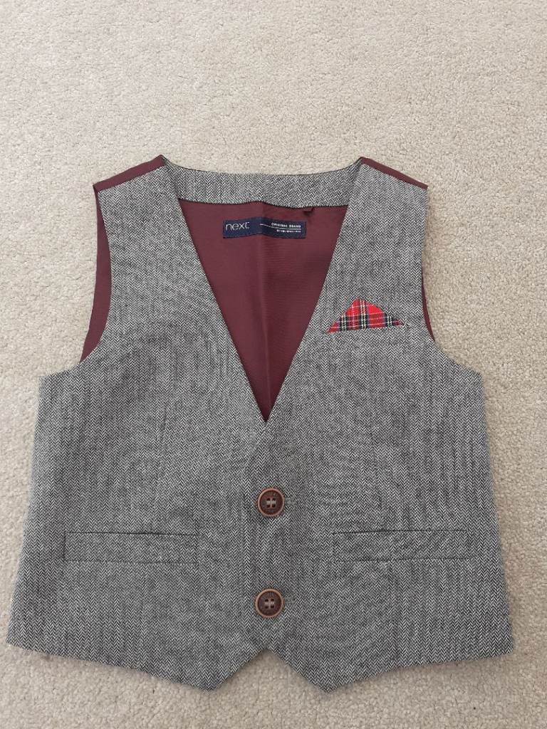 BNWOT Boys Next Burgundy and Grey Herringbone Waistcoat. Age 6-9 months.