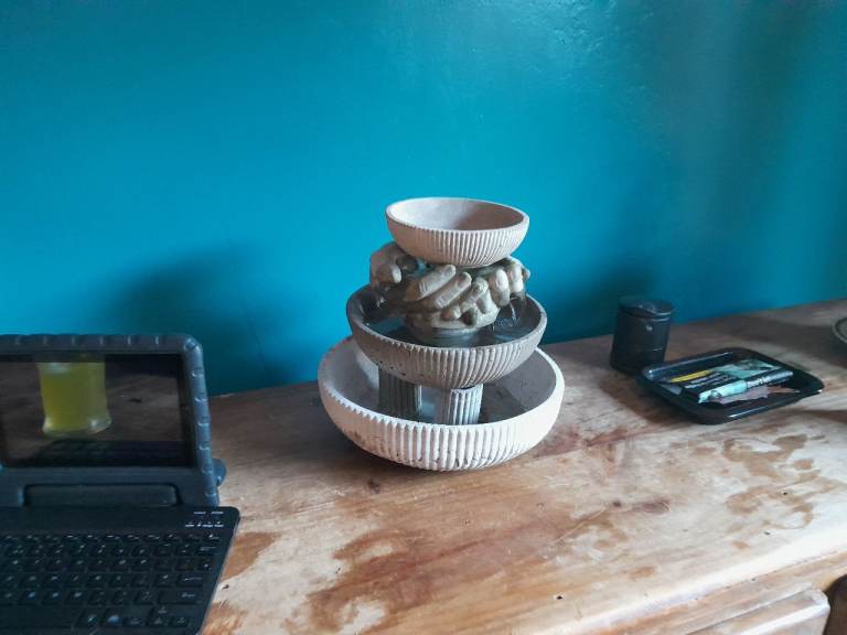 Tiered Ceramic Water Fountain with Hands Design – Good Condition