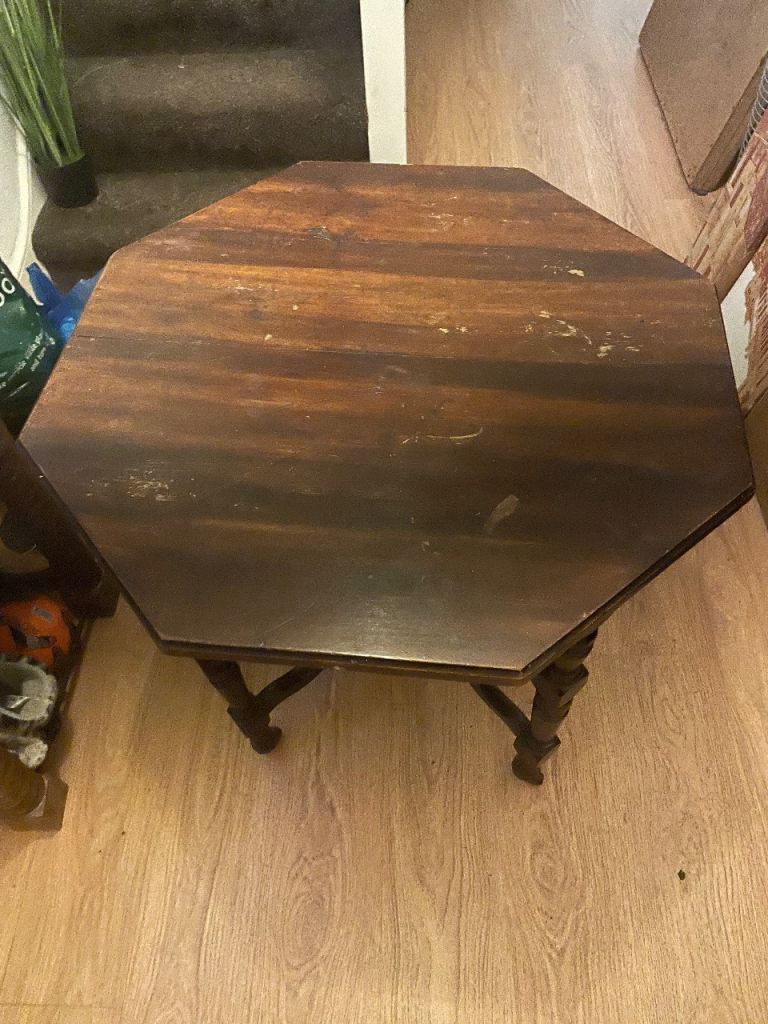 Antique Octagon Mahogany Hardwood Table on Wheels