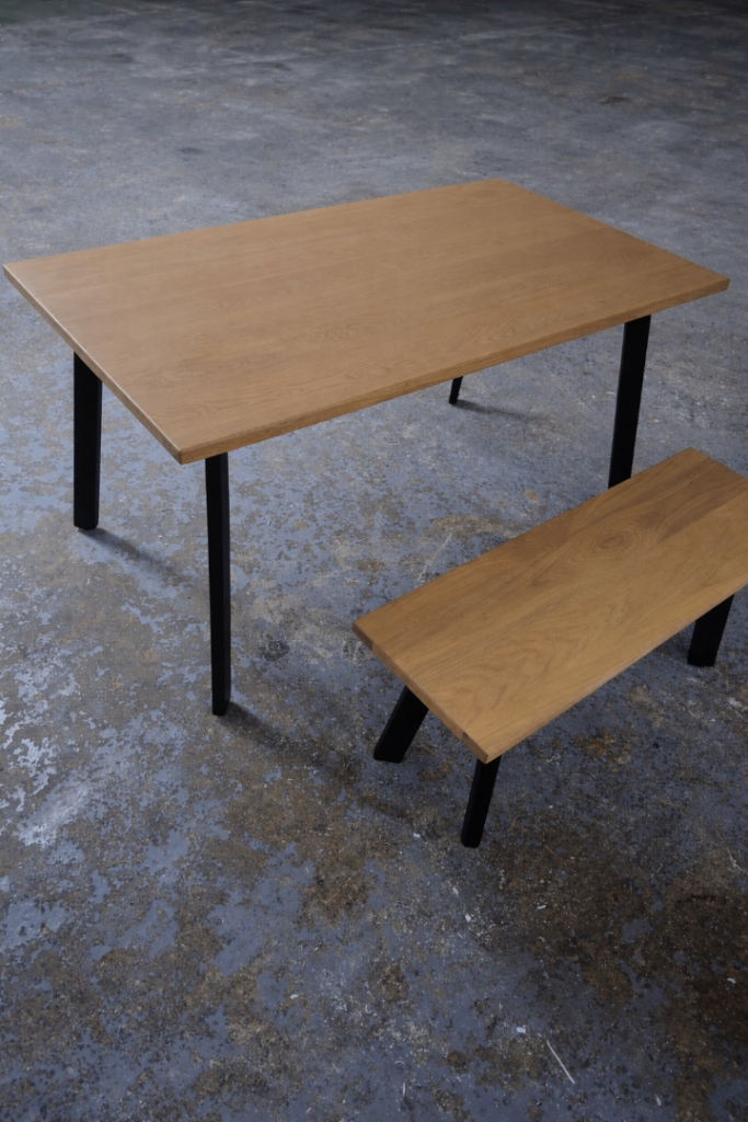 Oak dining table and bench set 