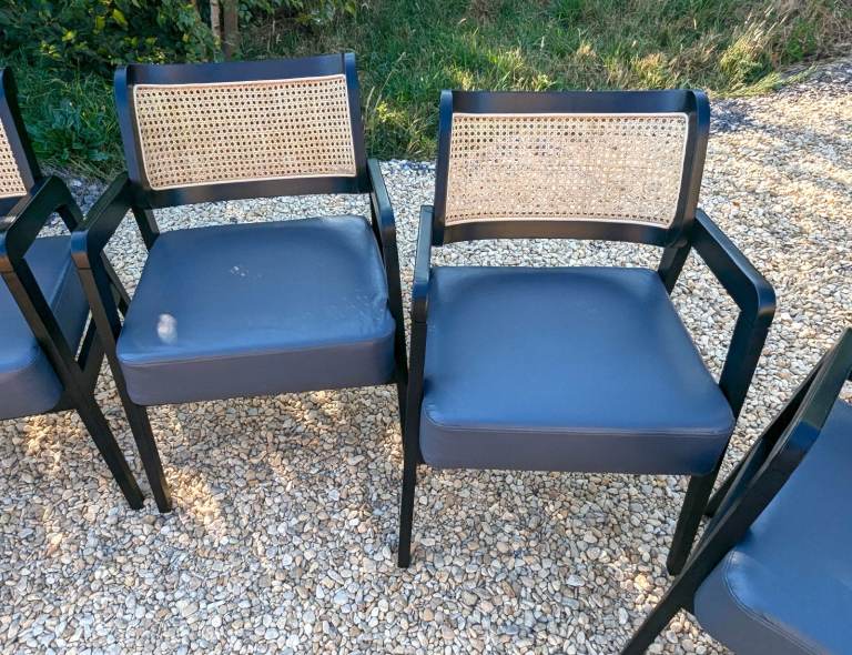 Pair Rattan Back Black Carver Dining Chairs - Occasional Armchairs Cafe Chairs