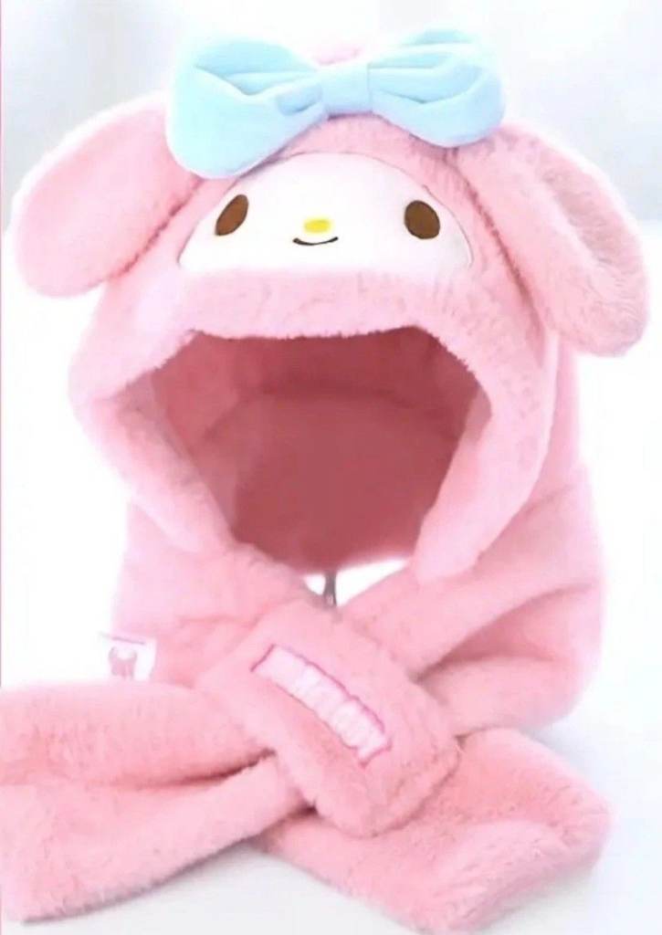 NEW My Melody Hooded Scarf Plush Sanrio Anime Cosplay Winter Warm Soft Pink Hat