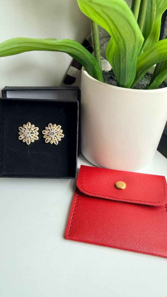 Sparkling Crystal Floral Imitation Statement Stud Earrings with Travel Pouch & One Extra Back (New)