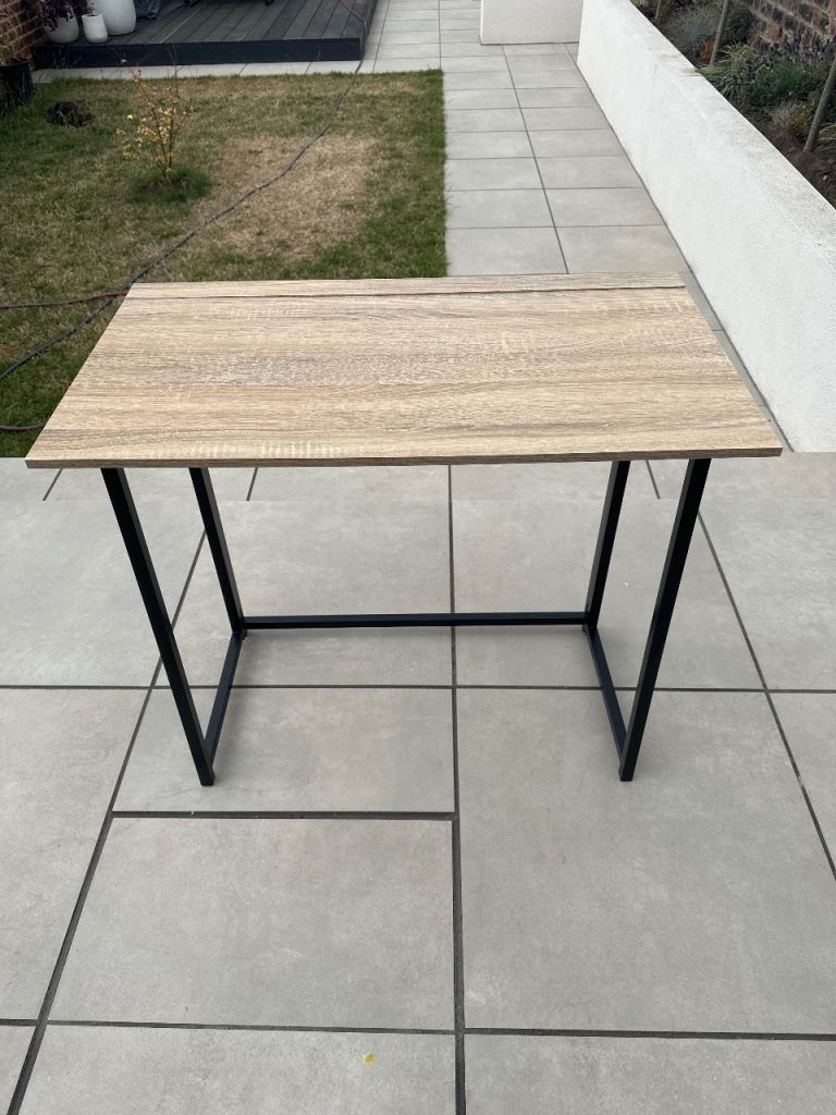 Modern Light Wood & Black Metal Frame Desk/Table – Good Condition