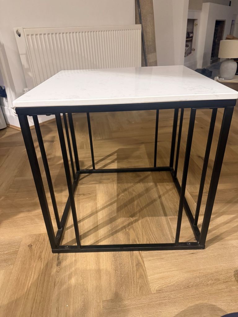 William Wood White Marble Effect side Table with Black Metal Frame