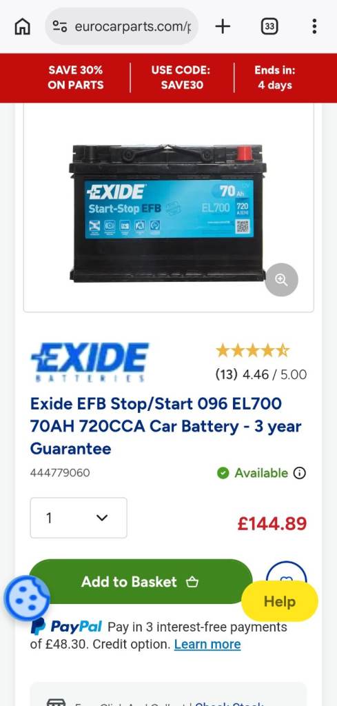Brand new Exide EFB Stop/Start 096 EL700 70AH 720CCA Car Battery