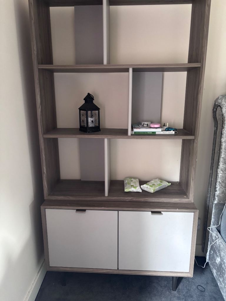 Grey Wood Effect Bookshelf with Storage Cupboards
