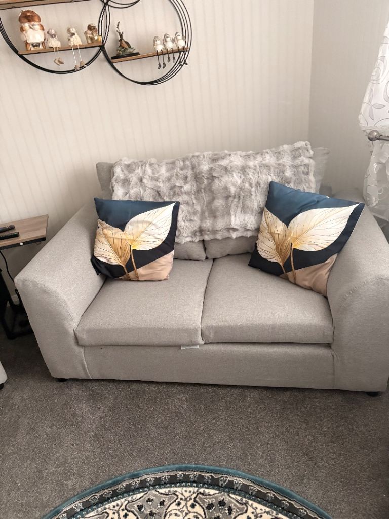 image for Brand new grey two seater settee with chair and puffy 