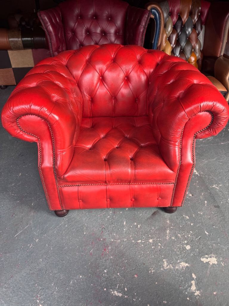 Stunning Red Leather Chesterfield Armchair – Deep Buttoned Accent Chair