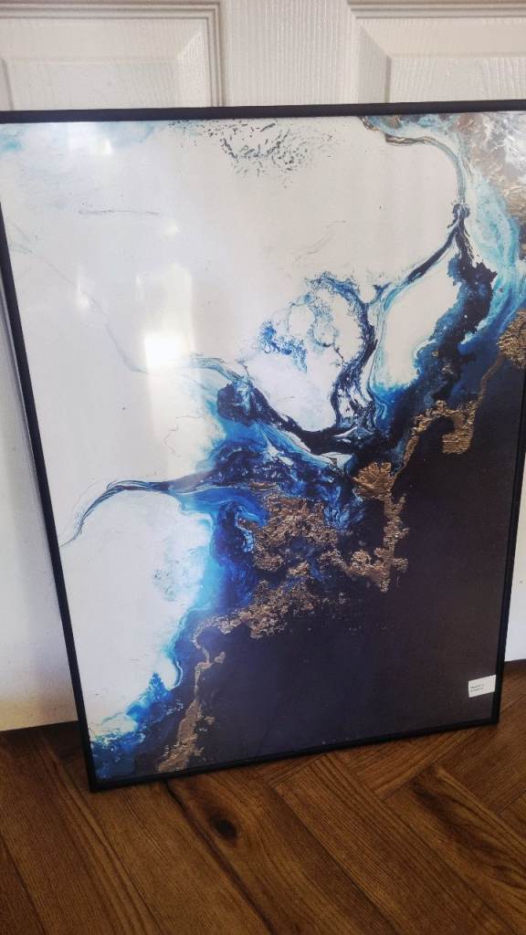 Modern Abstract Wall Art Blue Gold Canvas 71x51cm – New Sealed