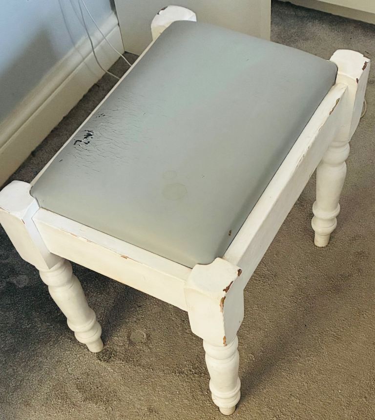Small White Wooden Stool with Grey Padded Seat