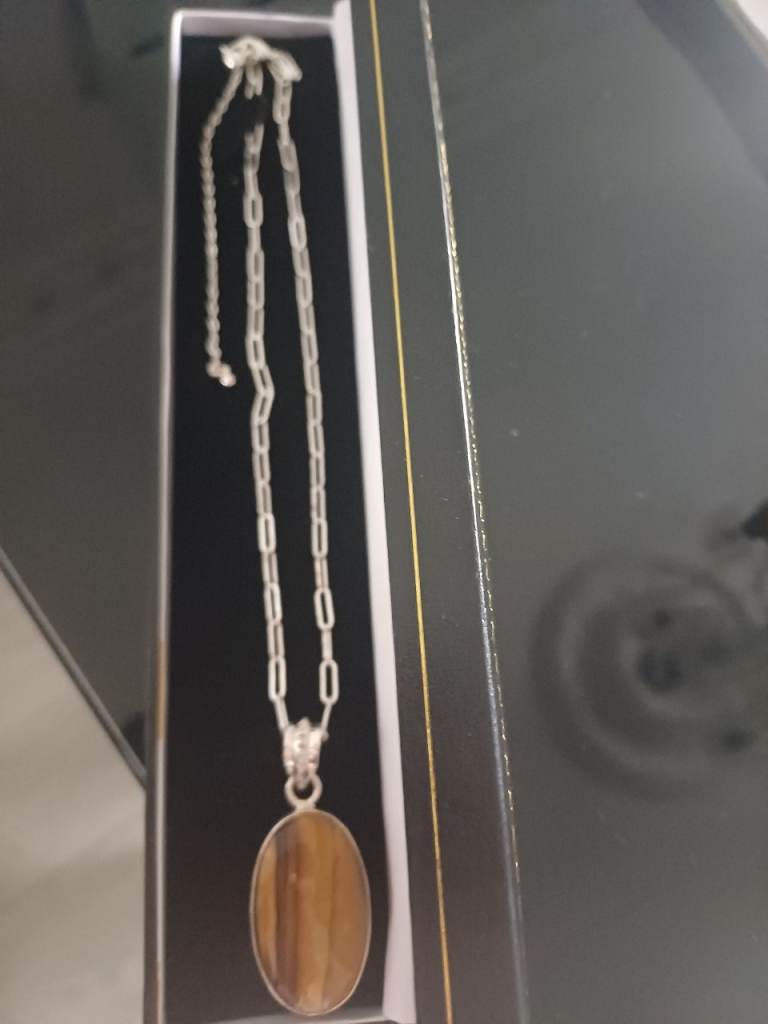 Fab Large Tigers Eye 925 Pendant & Chain