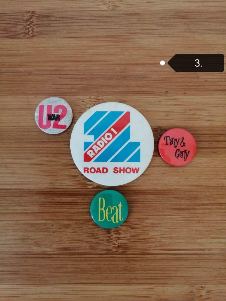 Vintage Music themed pin badges x 4 