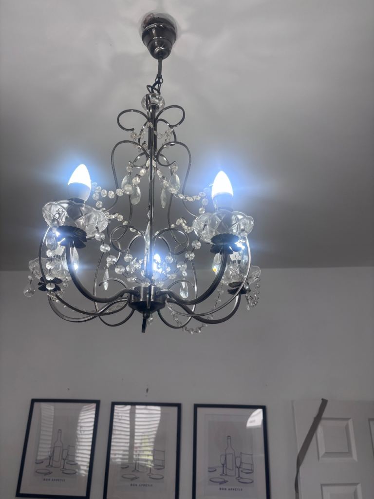 Lovely Silver Metal Chandelier with Glass Droplets – Good Condition