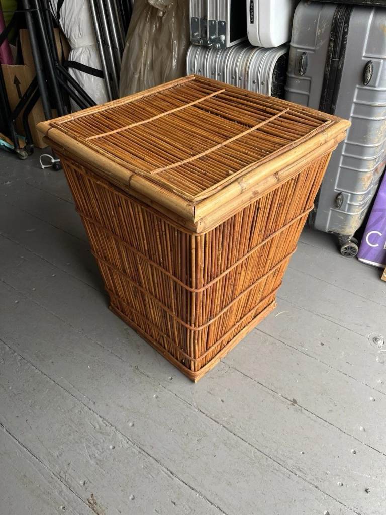 Vintage Wash Basket Woven Wicker Rattan Retro Boho Bohemian Mid Century Decor