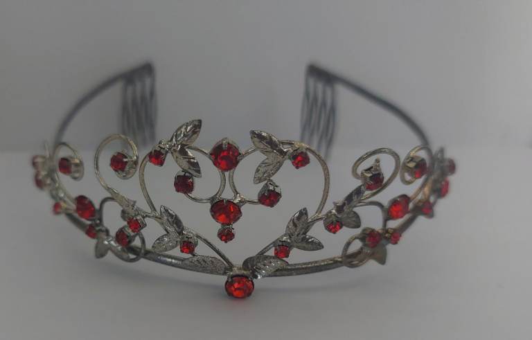 Lovely Silver-Coloured Tiara with Bright Red Jewels