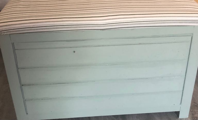 Wooden Storage Chest with ticking Striped Cushion Top – Good Condition