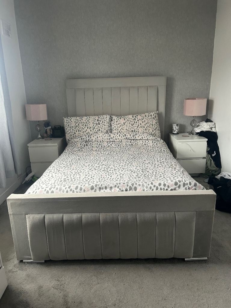 Grey Plush Velvet Double Bed