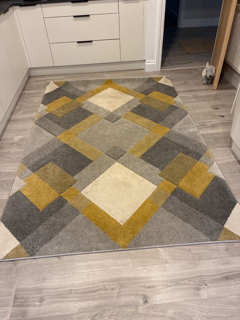 Modern Geometric Rug - Grey, Yellow & Cream, Good Condition