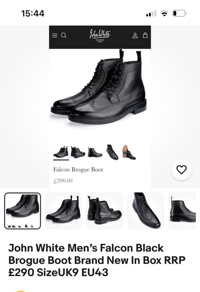 John White Men’s Falcon Black Brogue Boot Brand New In Box RRP £290 SizeUK9 EU43