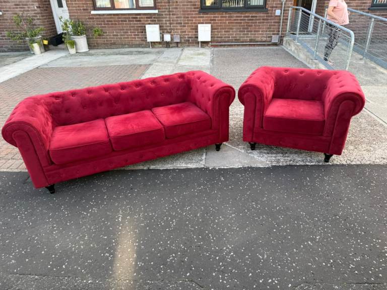 3 seater sofa and club chair chesterfield button back roll arm suite   In a velour fabric     £350