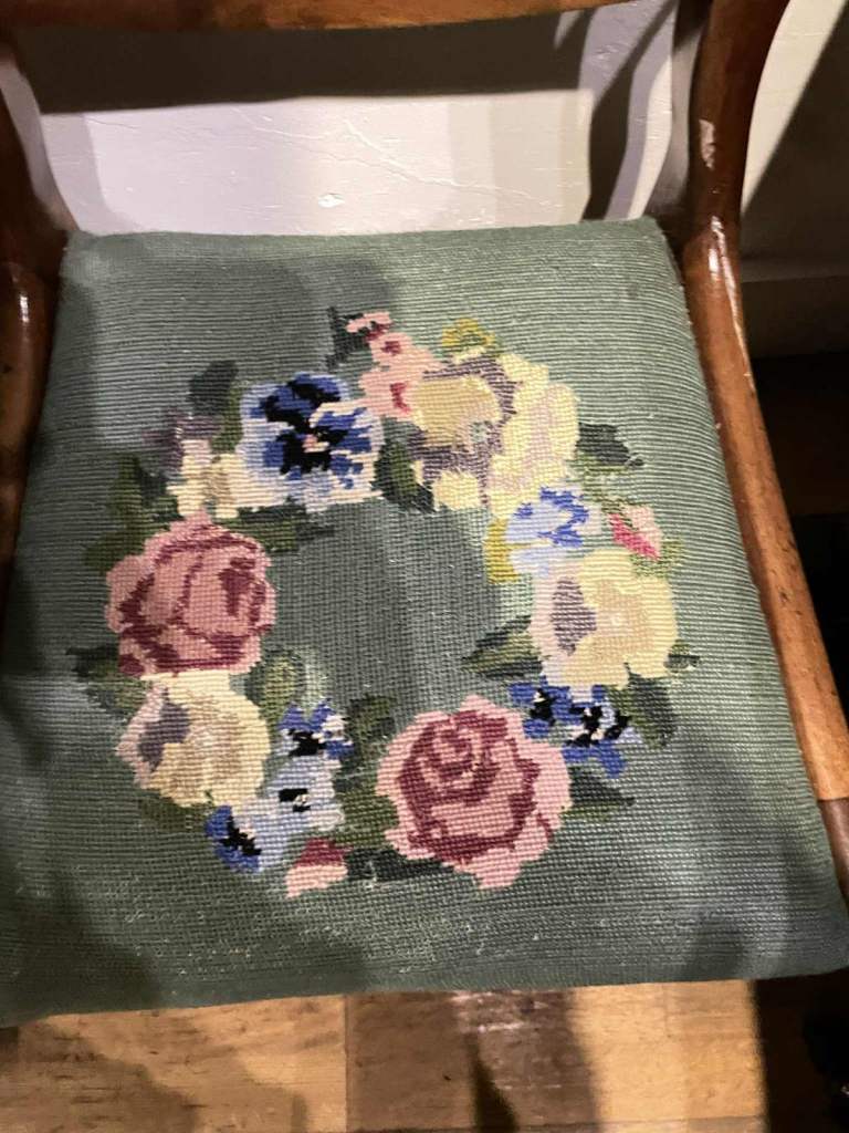  Victorian mahogany balloon-back dining chair with ta needlepoint upholstered seat. 