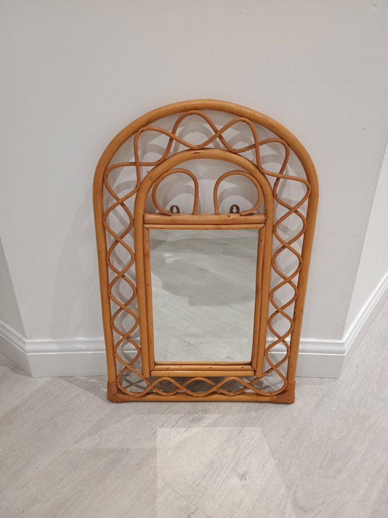 Vintage Original 70s Bamboo & Cane Arched Curved Wall Mirror Retro Boho Tiki (57cm x 37cm)
