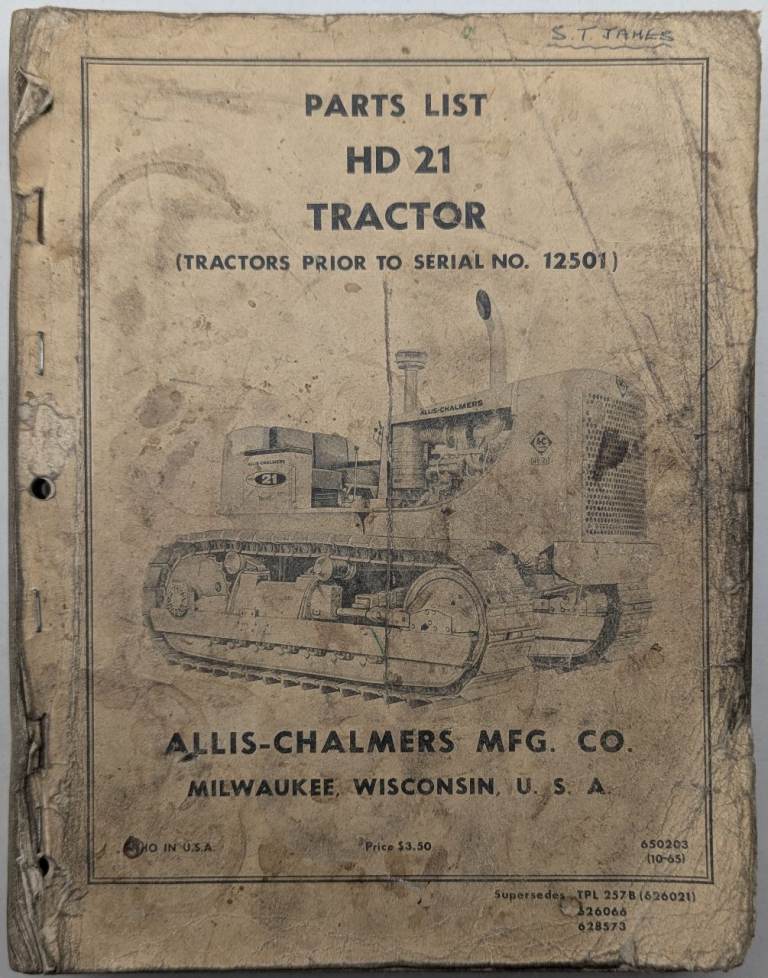 Original Allis Chalmers Model HD-21 Crawler Tractor Parts List, c 1965