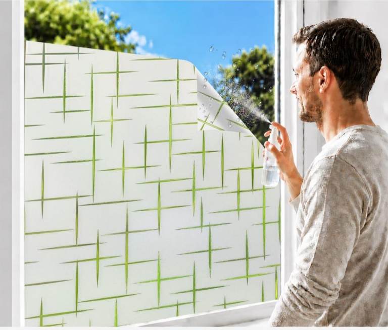 New Frosted Window Film for Privacy – White with Green Pattern
