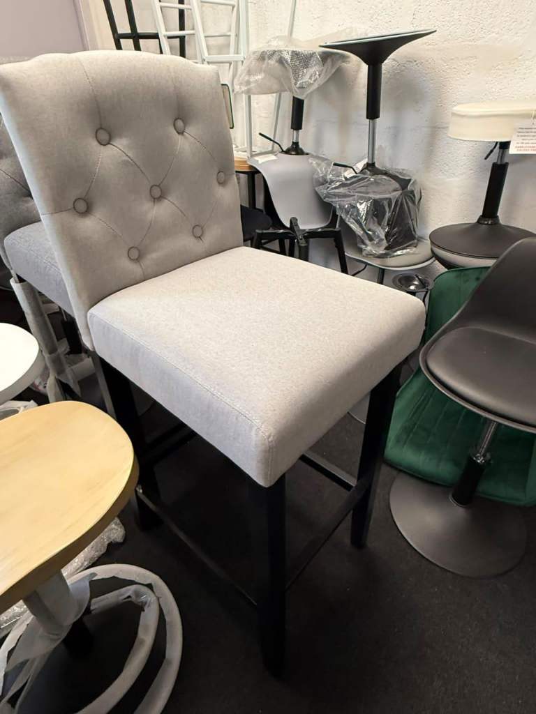Brand New Light Grey Linen Tufted Button Back Bar Stool with Black  Legs