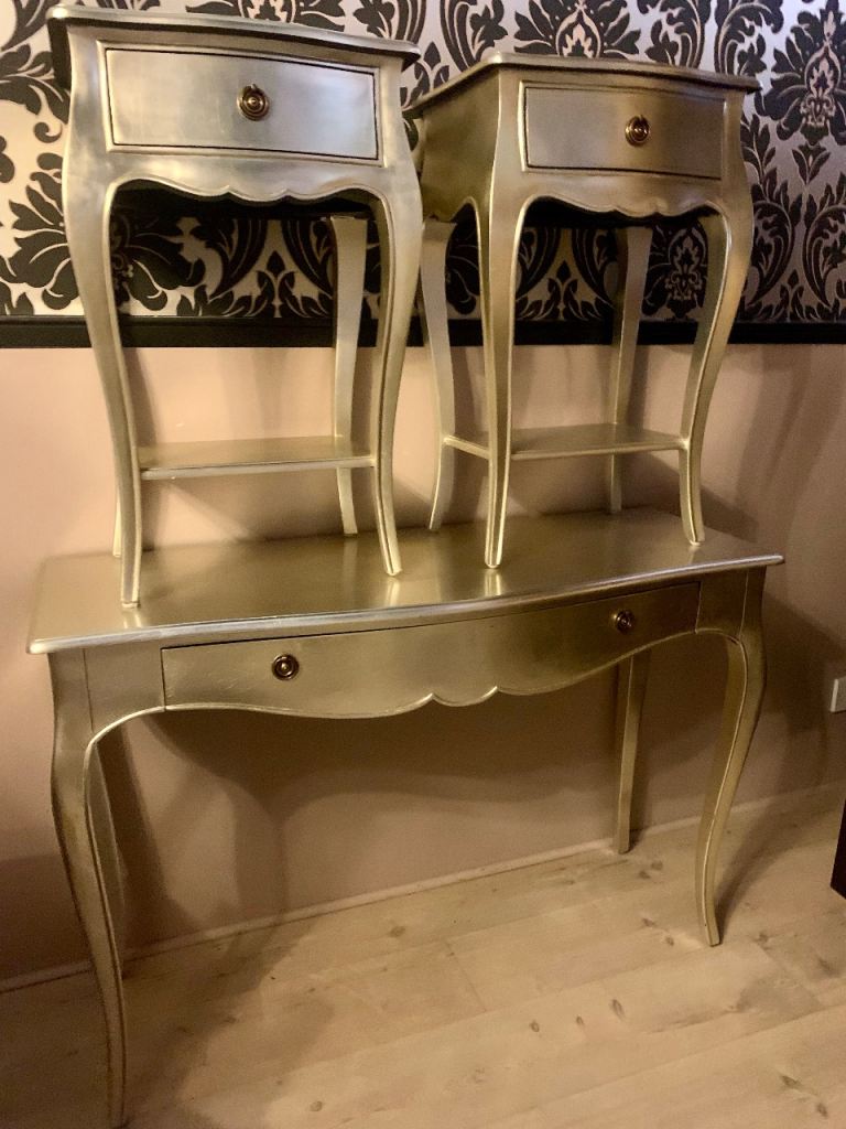 Modern French style silver console table and matching 1 drawer side table/chest
