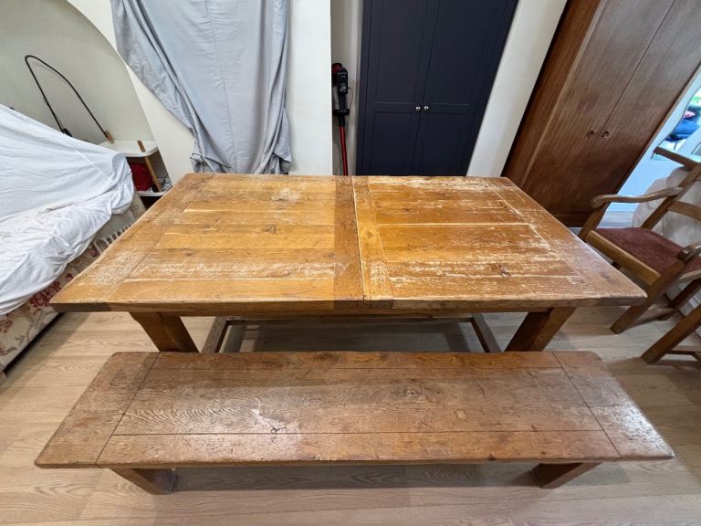 Premium French-Made Solid Oak Dining Set (John Lewis) – Extendable Table, Benches & High-Back Chairs