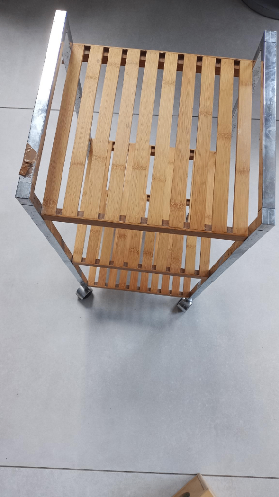 Bamboo and Metal Shelving Unit on Wheels – Good Condition
