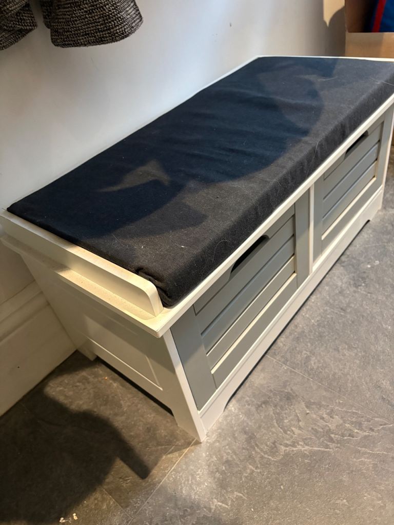 White & Grey Storage Bench with Cushion