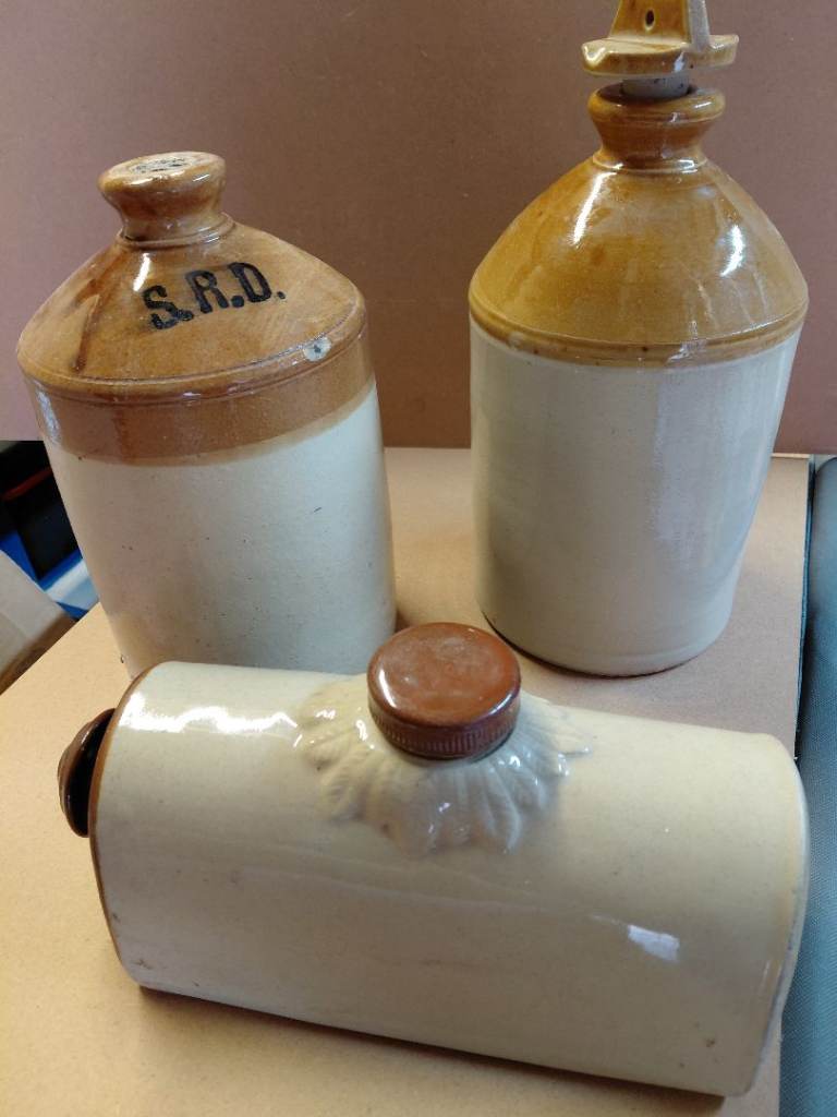 Victorian stone hot water bottle and 2 stone storage jars
