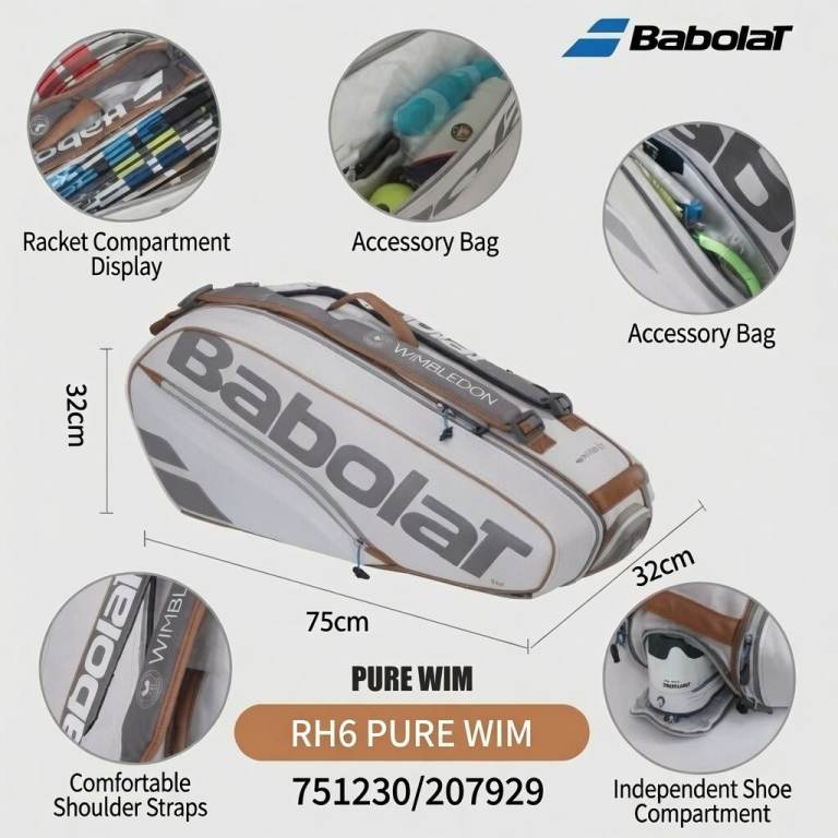 Babolat RH6 Pure Wimbledon 6 Racket Tennis Bag - Grey White (Brand New)