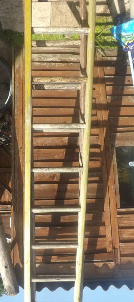3 vintage wooden straight ladders to recycle, 2 no 9ft and 1 no 6 ft see description