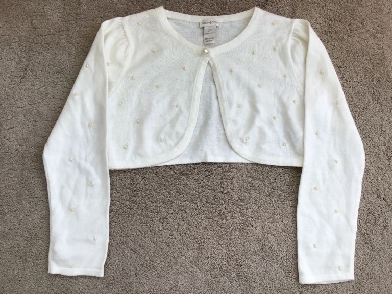 ‘Monsoon’ Girls Cream Ivory Cropped Pearl Cardigan Shrug, Ages 7-8 Years